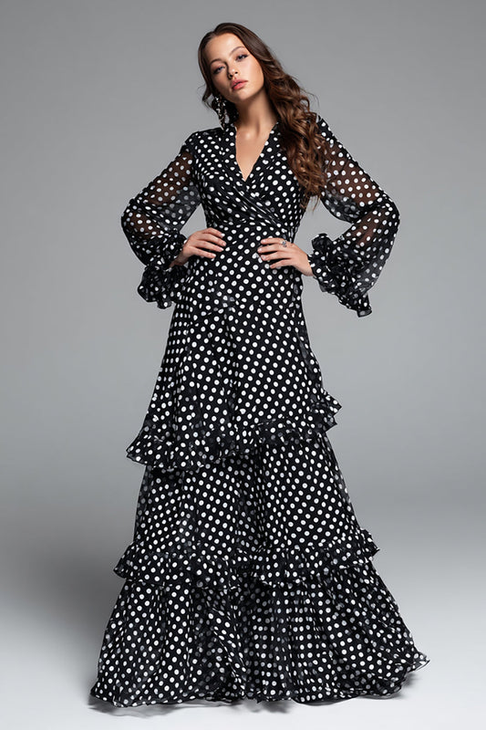Black White Dot A Line Ruffled Long Formal Dress with Sleeves