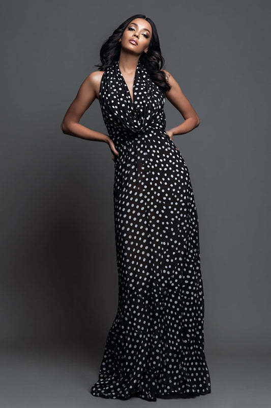 Black White Dot A Line Halter Long Formal Dress