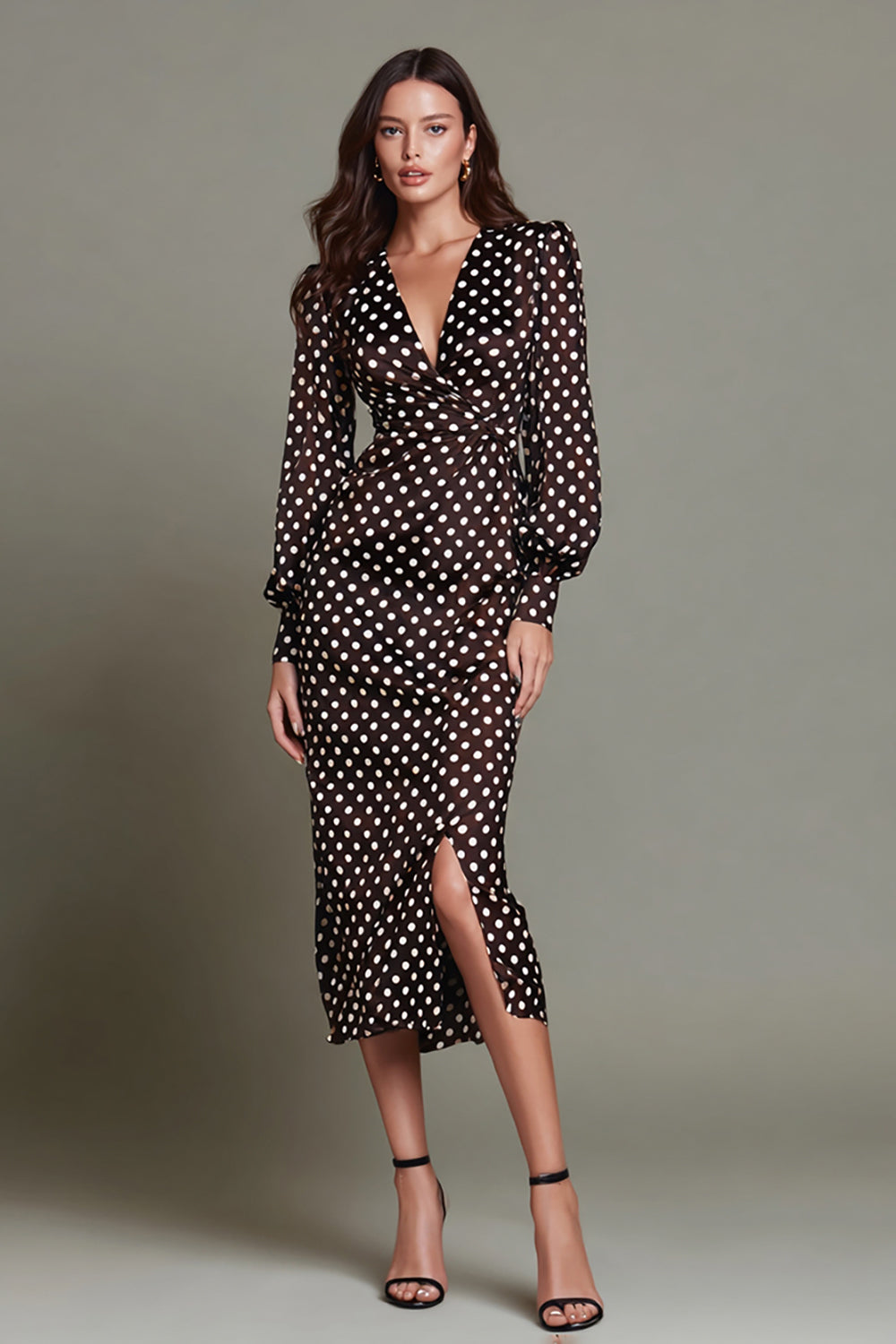Dark Brown White Dot V-Neck Bodycon Formal Dress with Slit