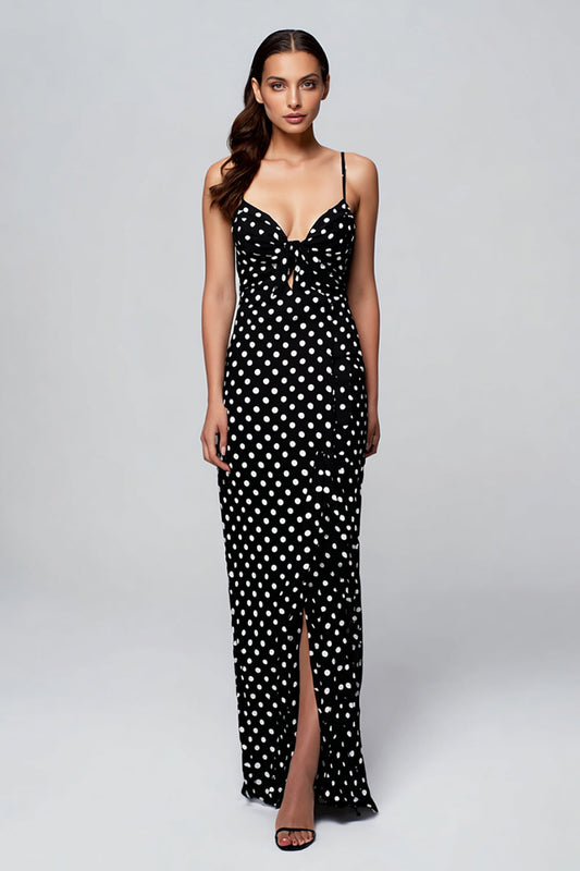 Black Spaghetti Straps Chiffon Sheath Polka Dots Dress with Slit