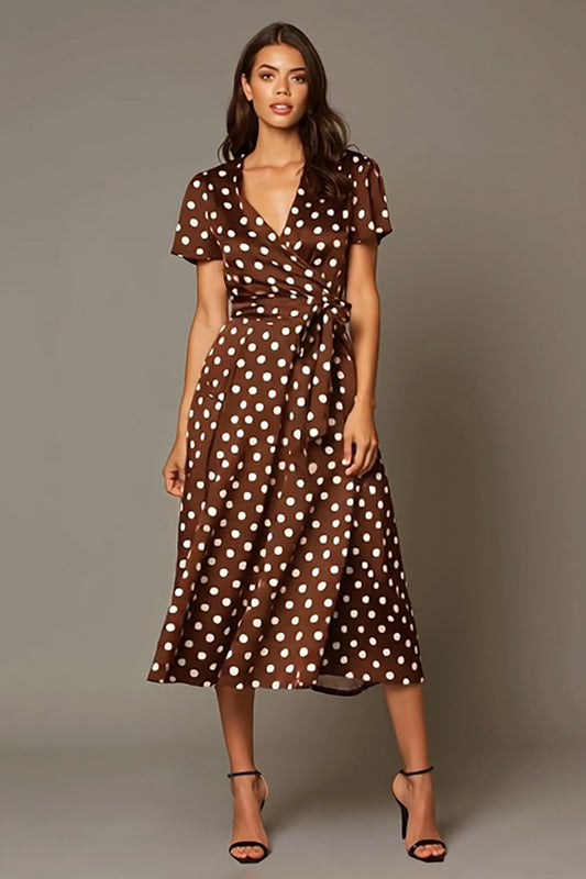 Brown Satin A-Line V-Neck Tea Length Polka Dots Dress