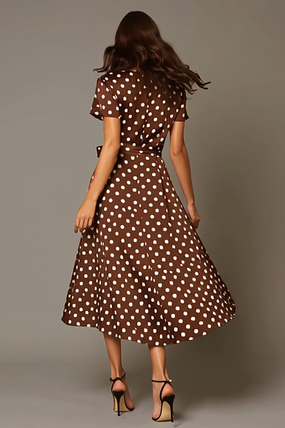 Brown Satin A-Line V-Neck Tea Length Polka Dots Dress
