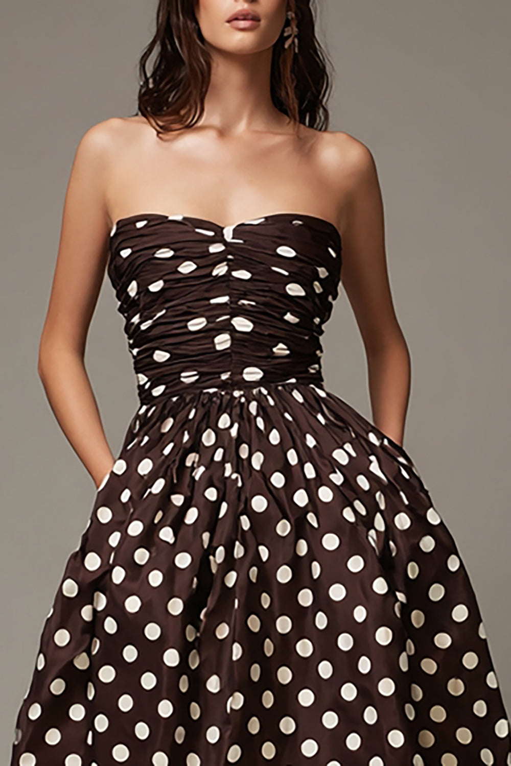 Dark Brown Strapless Satin A-Line Midi Polka Dots Dress