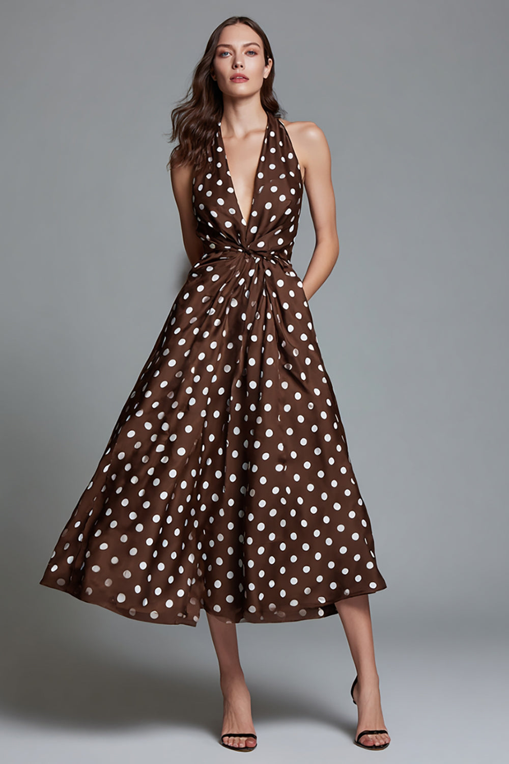 Brown and White Chiffon V-Neck A-Line Polka Dots Dress