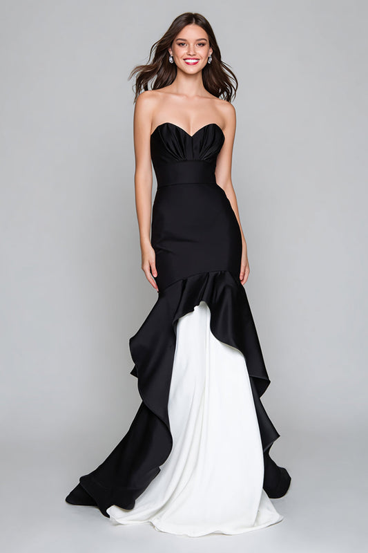 Mermaid Strapless Black and White Formal Dress with Ruffles