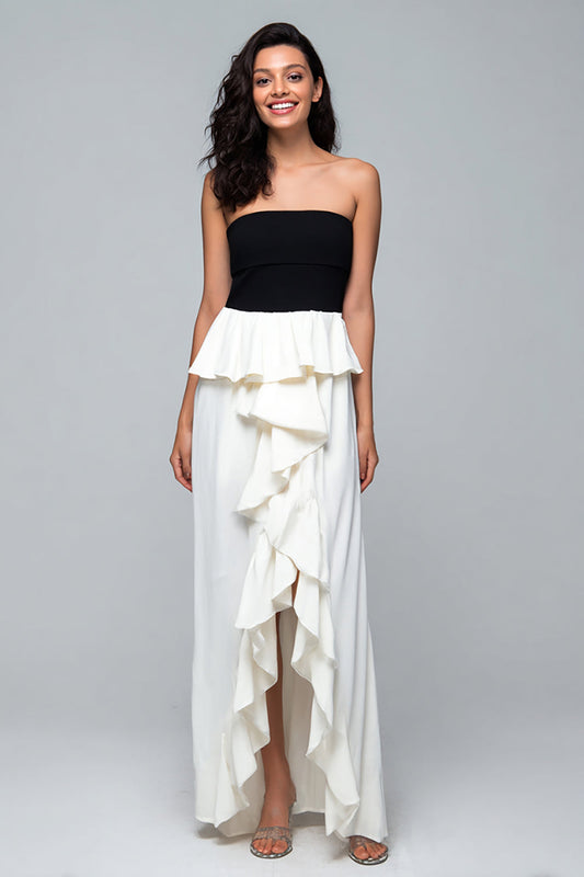 Strapless Black and White Ruffle Long Formal Dress with Slit