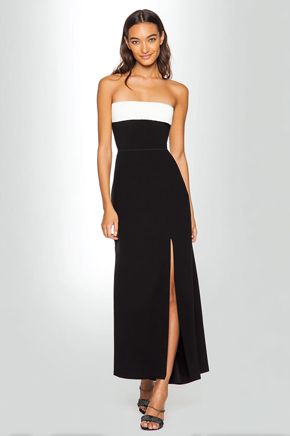 Sheath Black and White Strapless Long Formal Dress with Slit