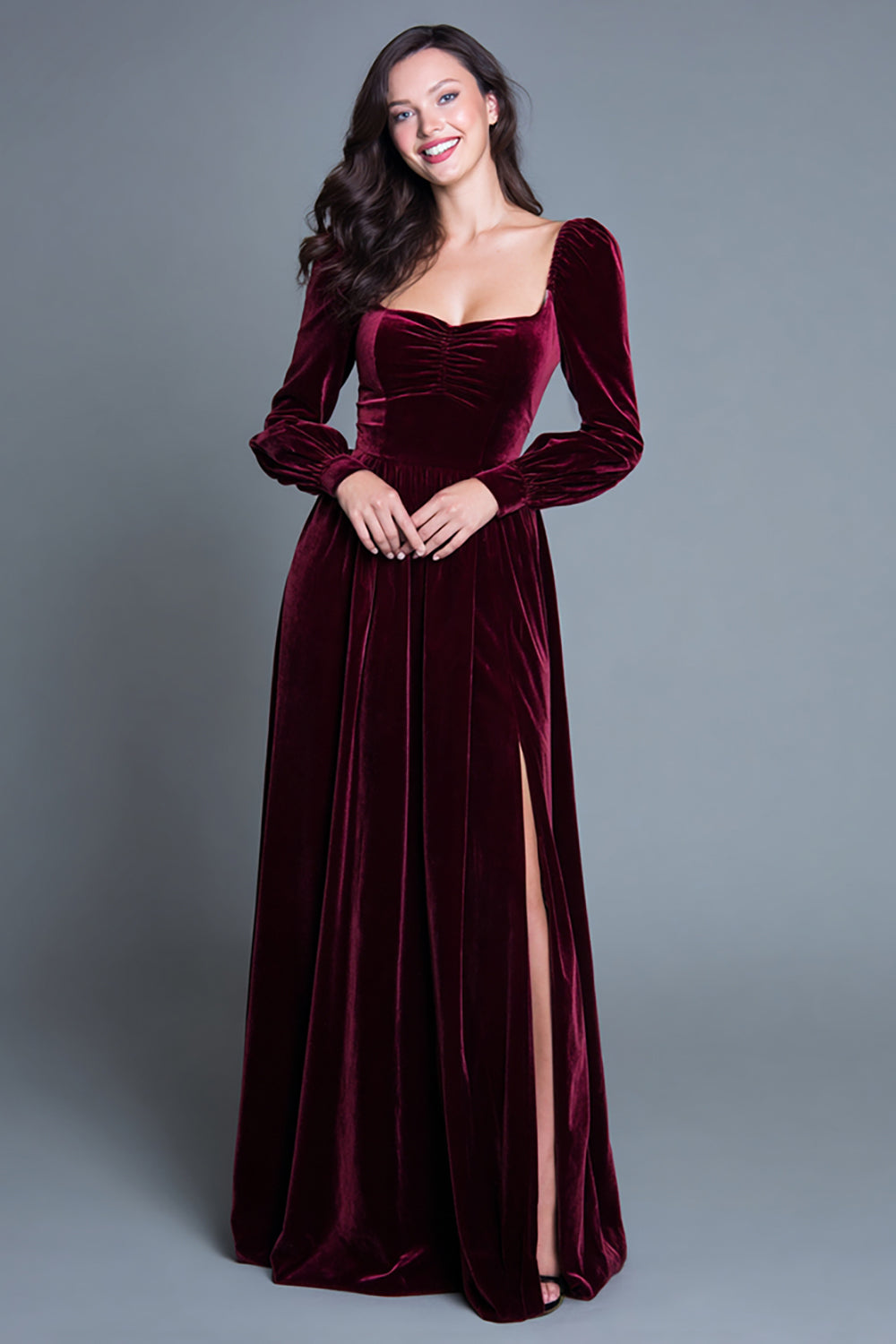 Burgundy Long Sleeves A-Line Velvet Long Formal Dress with Slit