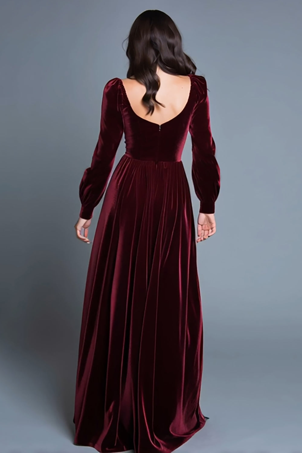 Burgundy Long Sleeves A-Line Velvet Long Formal Dress with Slit
