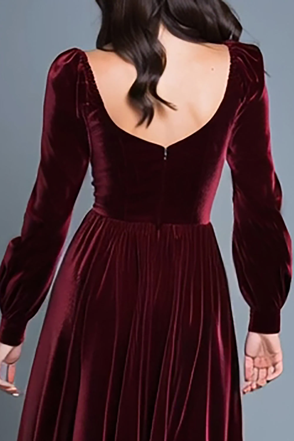 Burgundy Long Sleeves A-Line Velvet Long Formal Dress with Slit