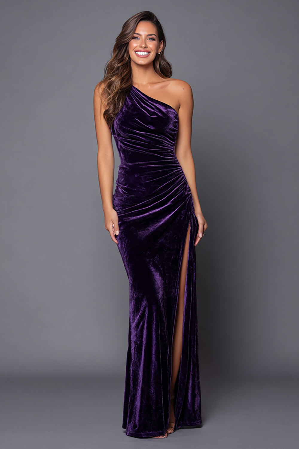 Plum One Shoulder Mermaid Velvet Long Formal Dress with Slit