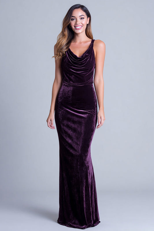 Plum Spaghetti Straps Sheath Velvet Formal Dress
