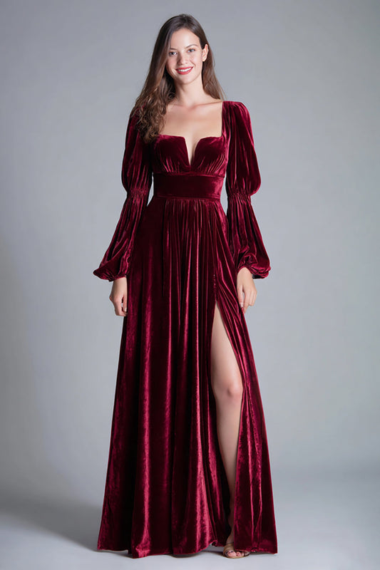 Burgundy Velvet Square Neck A Line Formal Dress with Slit