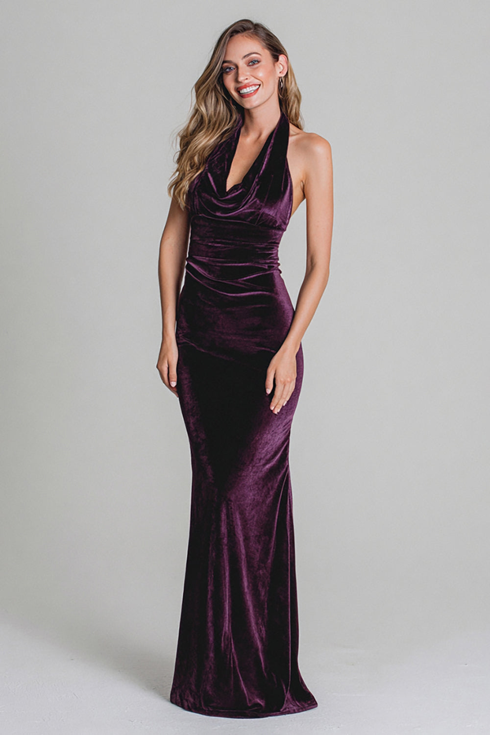 Halter Velvet Sheath Plum Long Formal Dress