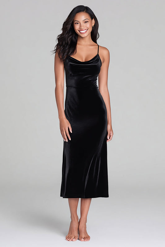 Black Velvet Spaghetti Straps A Line Formal Dress
