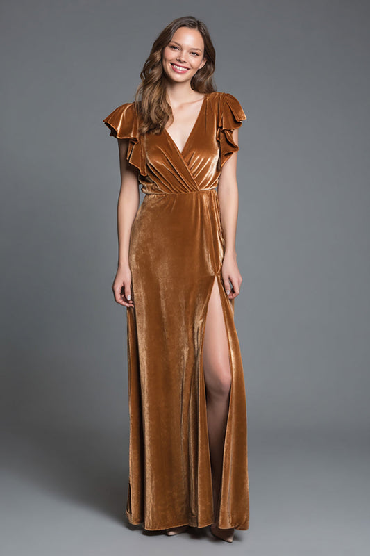 Brown Velvet A Line Slit Long Formal Dress with Ruffled Sleeves