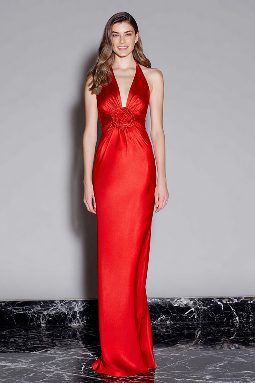 Red Satin Sheath V-Neck Long Formal Dress with 3D Flower