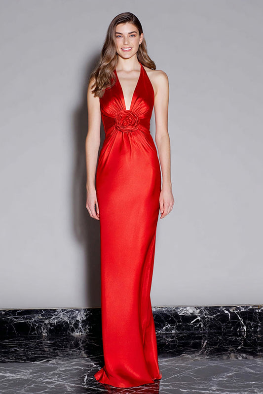 Red Satin Sheath V-Neck Long Formal Dress with 3D Flower