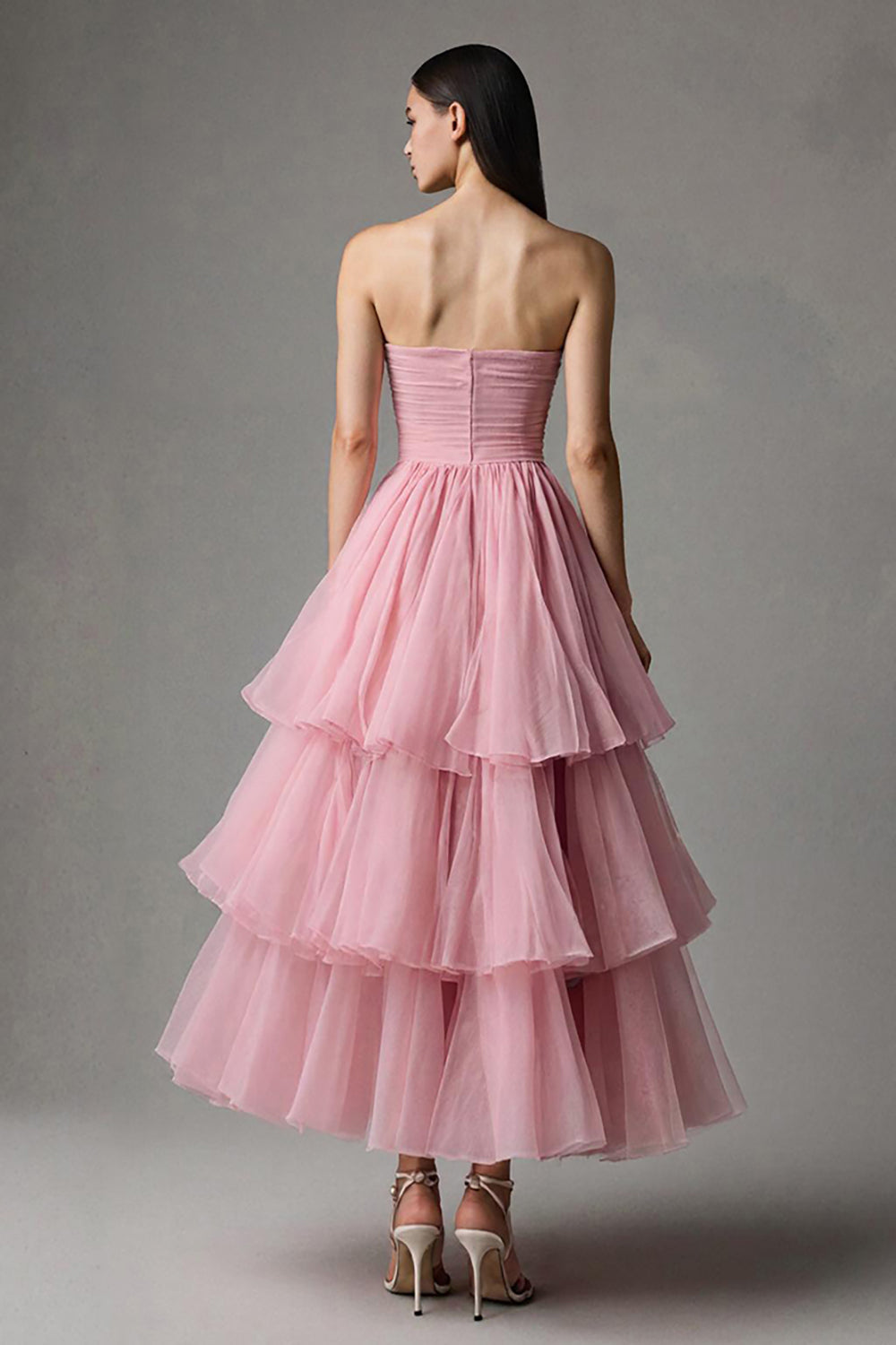 Pink A Line Strapless Tiered Maxi Formal Dress with Ruffles