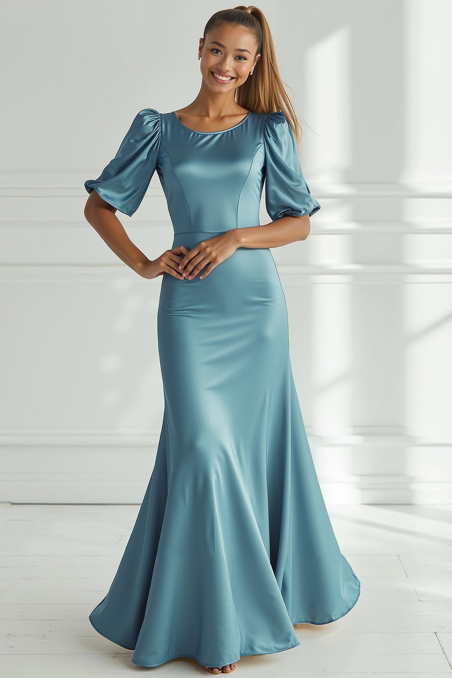 Champagne Mermaid Satin Long Formal Dress with Short Sleeves