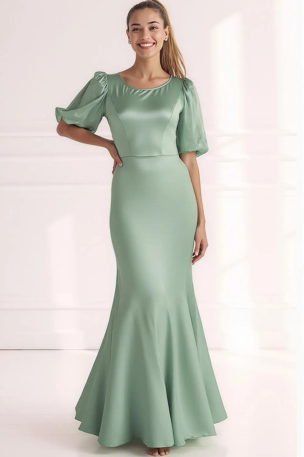Champagne Mermaid Satin Long Formal Dress with Short Sleeves