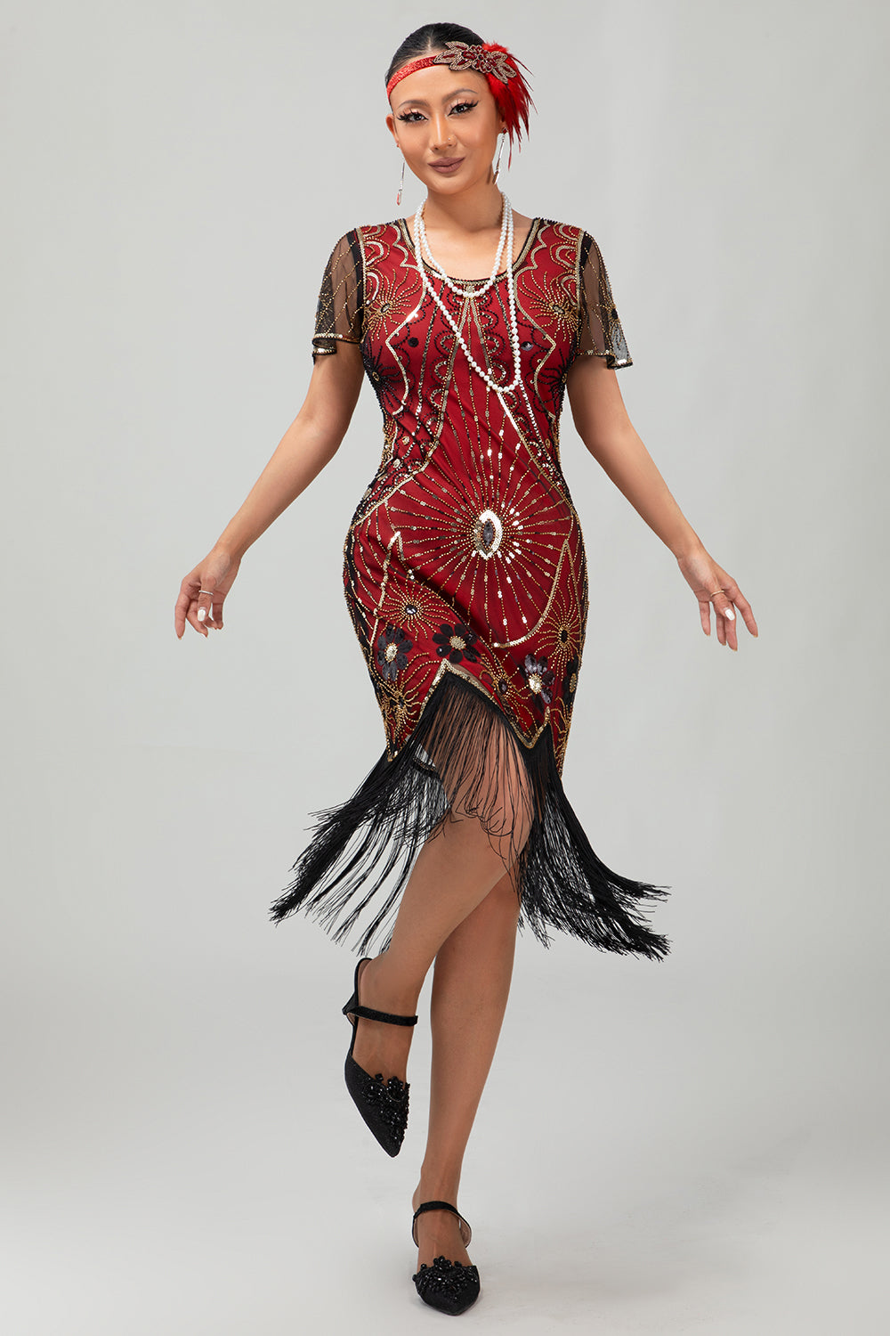 Beaded Black Golden Fringed Bodycon 1920s Dress