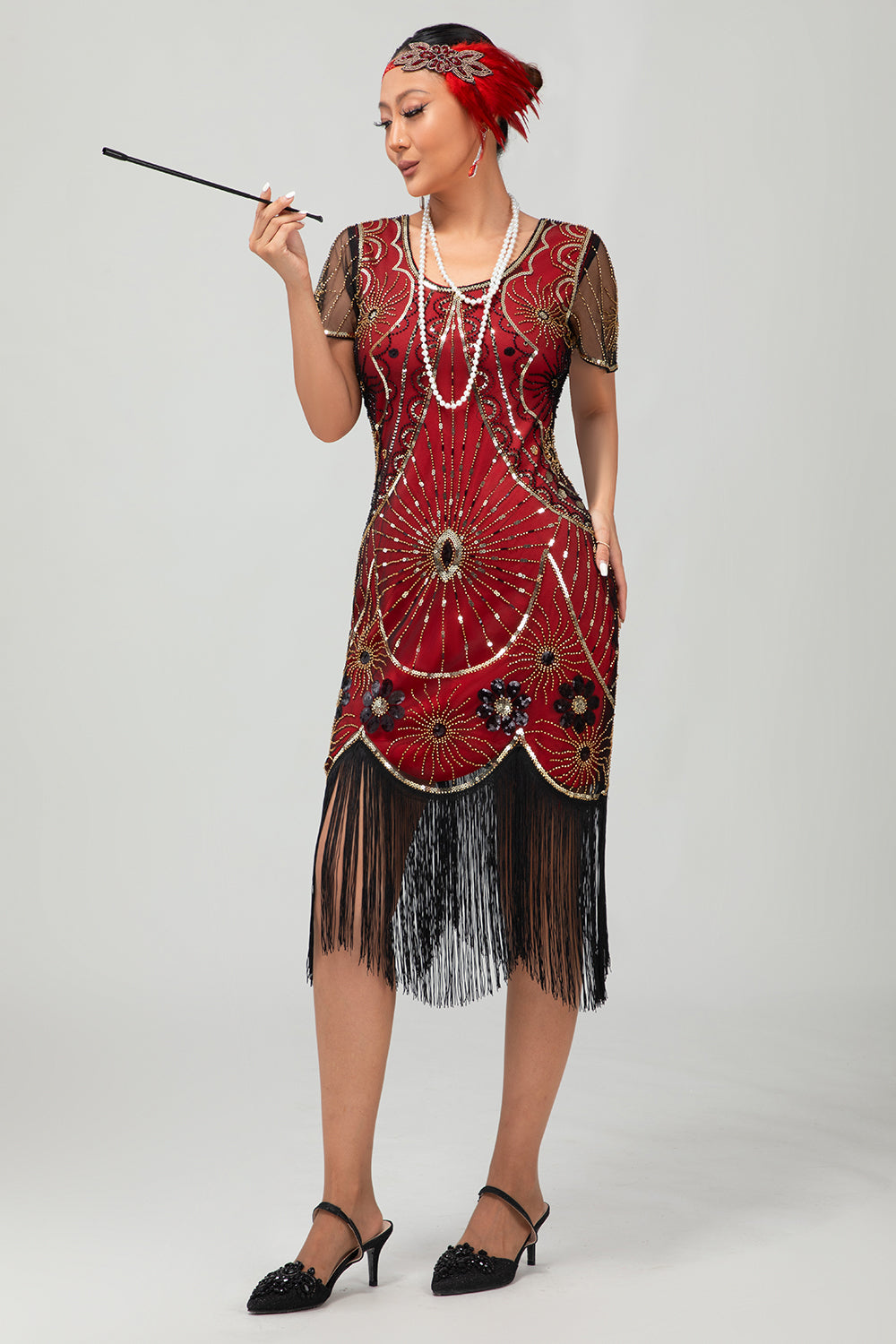 Gatsby Black Silver Scoop Fringed Bodycon 1920s Dress with Sequins