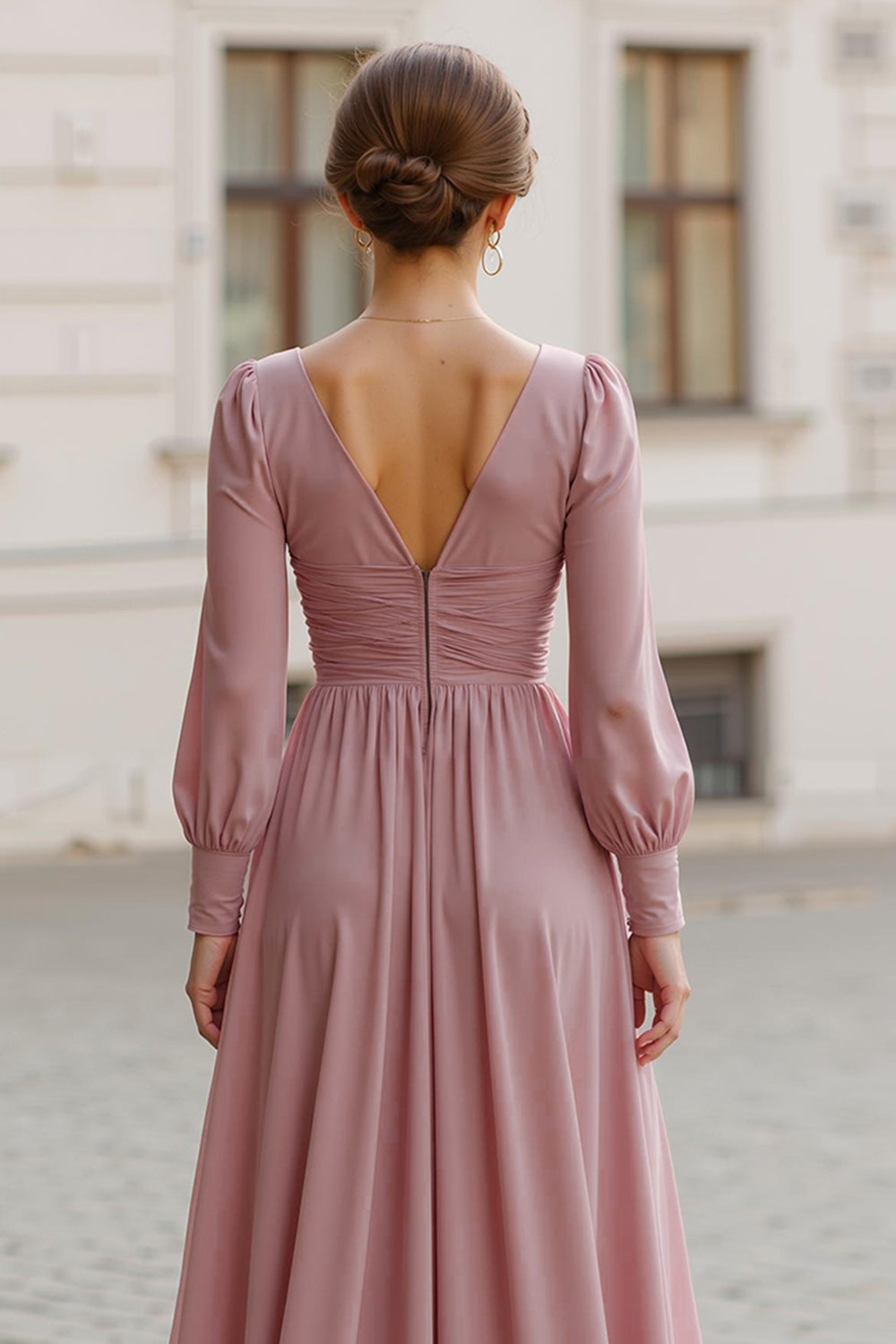 Dusty Rose V-Neck A Line Maxi Bridesmaid Dress with Sleeves
