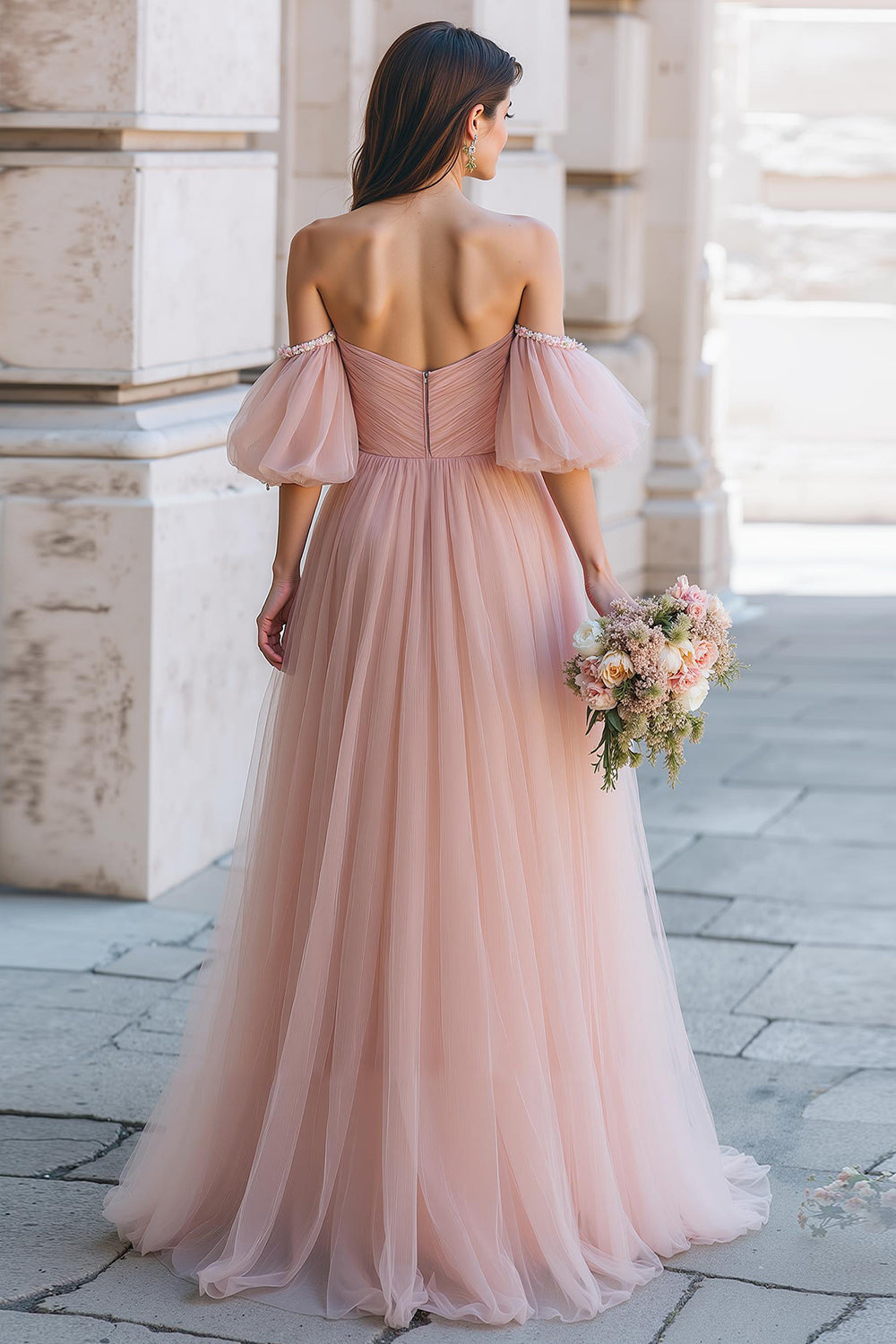 Dusty Rose Long A Line Off the Shoulder Bridesmaid Dress with Sleeves