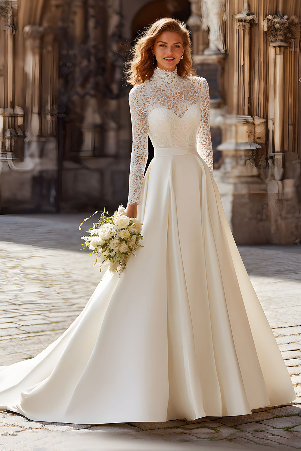 Ivory Vintage A Line Sweep Train High Neck Wedding Dress with Sleeves