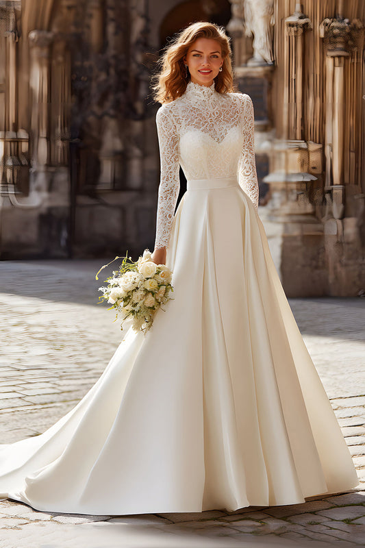 Ivory Vintage A Line Sweep Train High Neck Wedding Dress with Sleeves