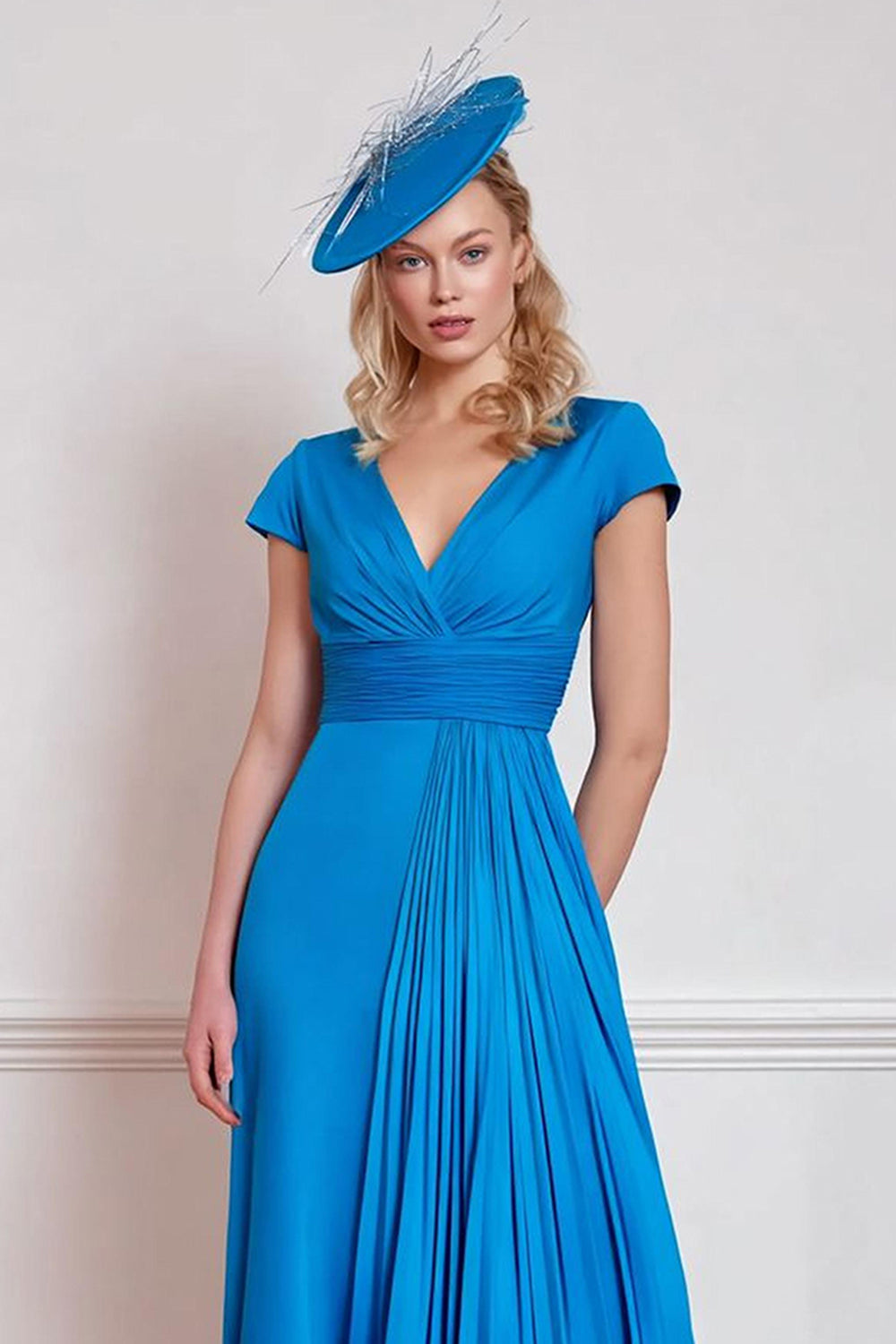 Chiffon Blue A Line V Neck Pleated Mother of the Bride Dress