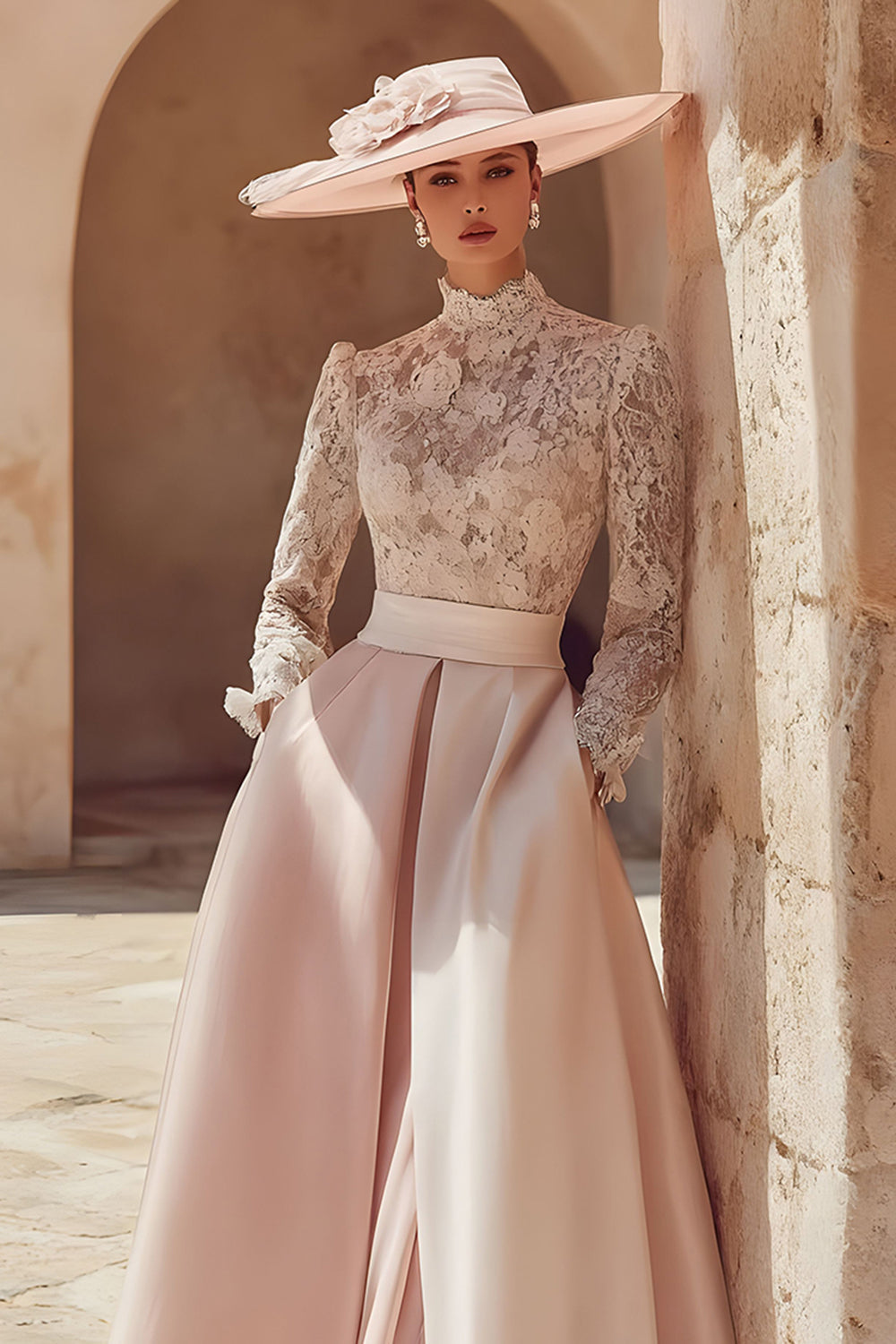 Candy Pink High Neck A Line Long Mother of the Bride Dress with Lace