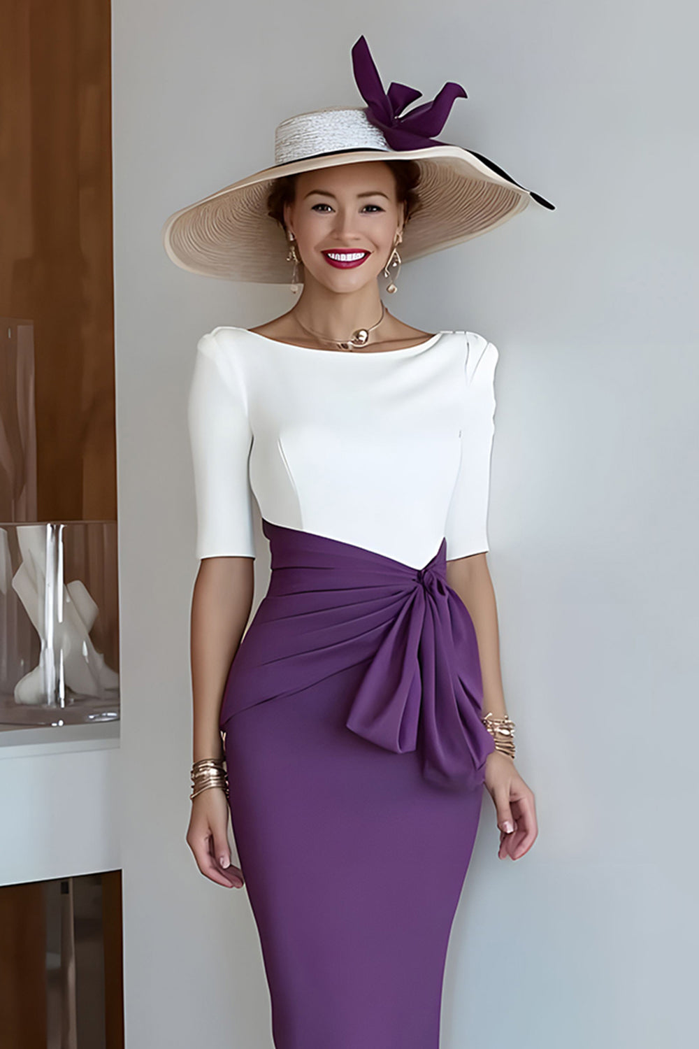 Grape Bodycon Satin Scoop Neck Midi Mother of the Bride Dress