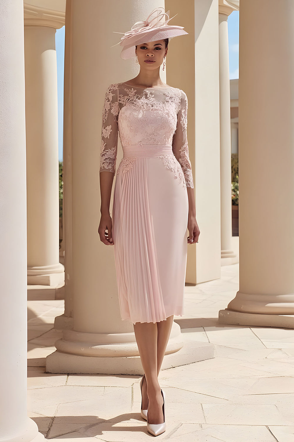 Blush Pink Chiffon Illusion Boat Neck Pleated Midi Mother of the Bride Dress with Lace