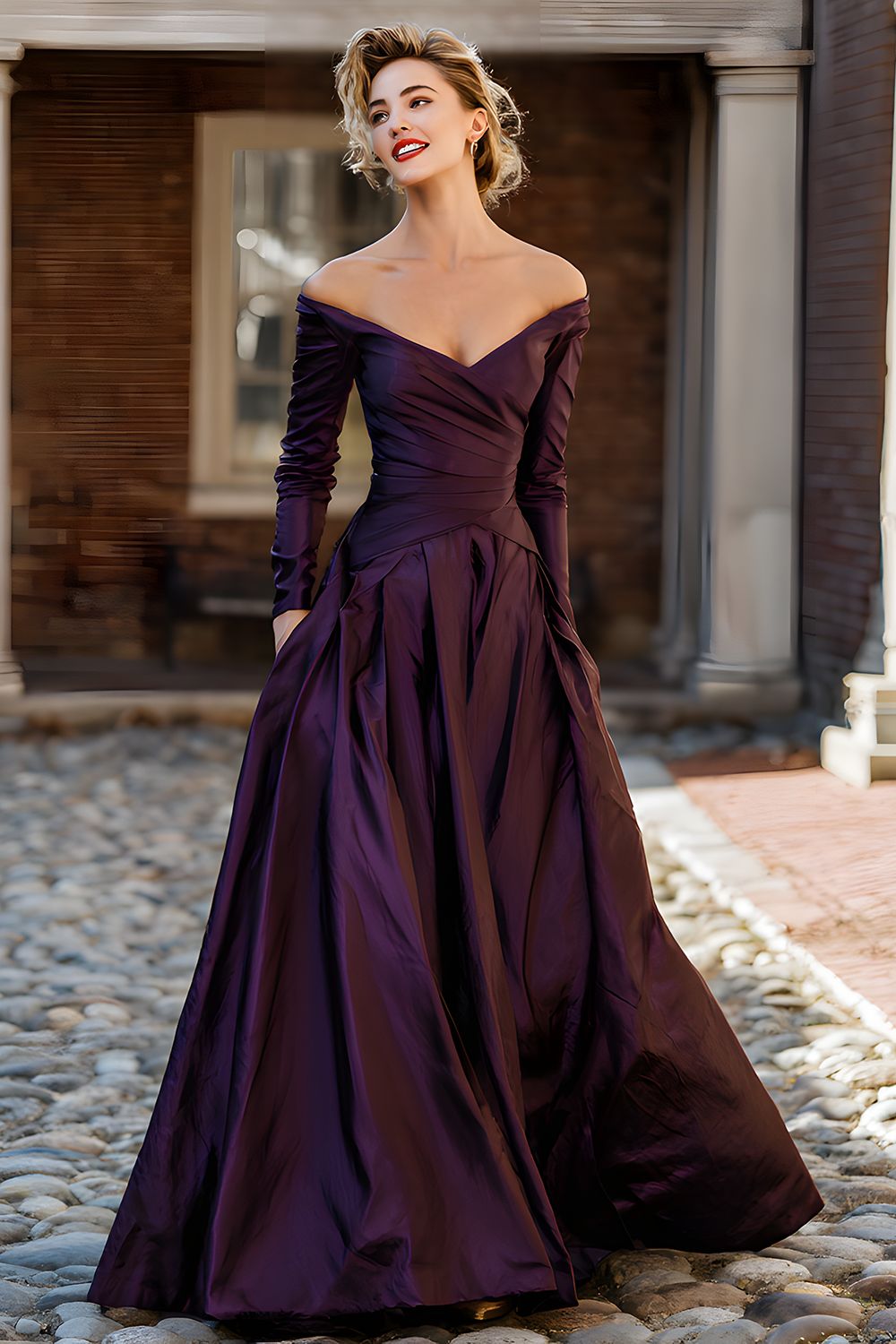 Plum Off the Shoulder Taffeta A Line Long Sleeve Mother of the Bride Dress