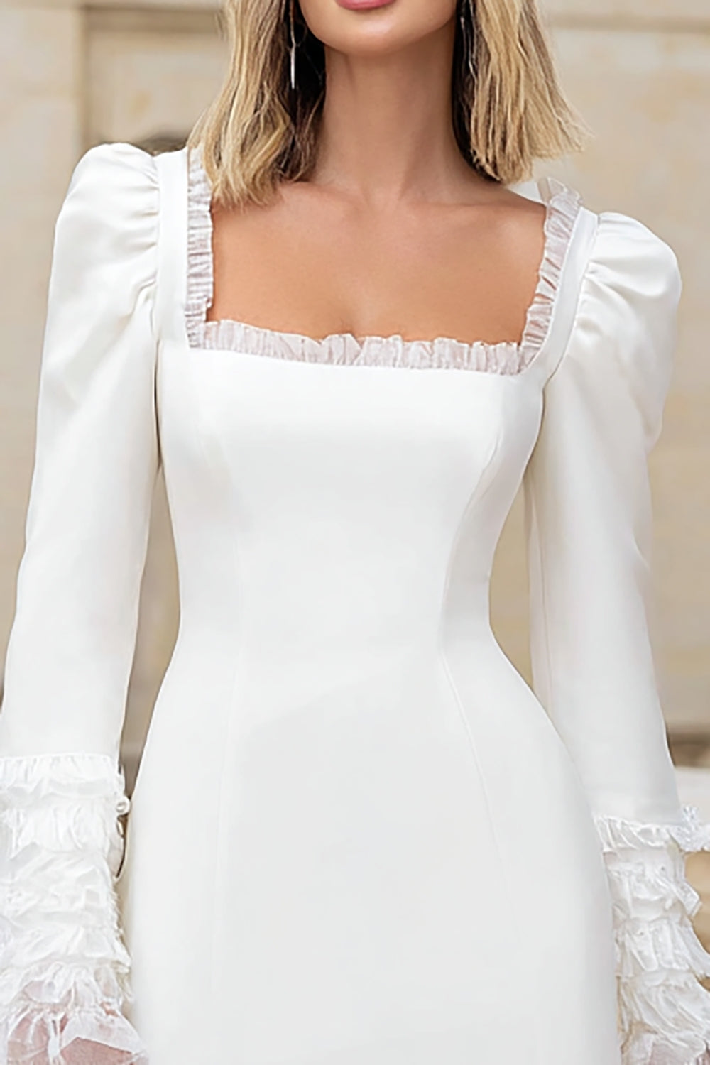 Ivory Crepe Square Neck Sleeves Short Wedding Dress with Ruffles