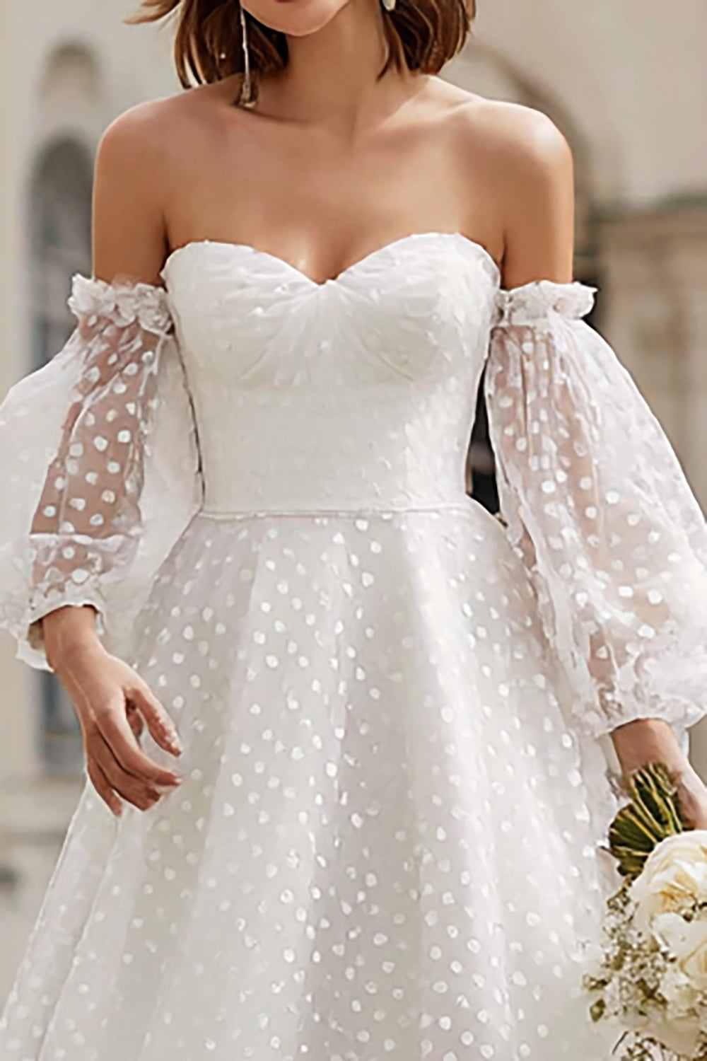 Ivory Tulle A Line Off the Shoulder Tea-Length Wedding Dress