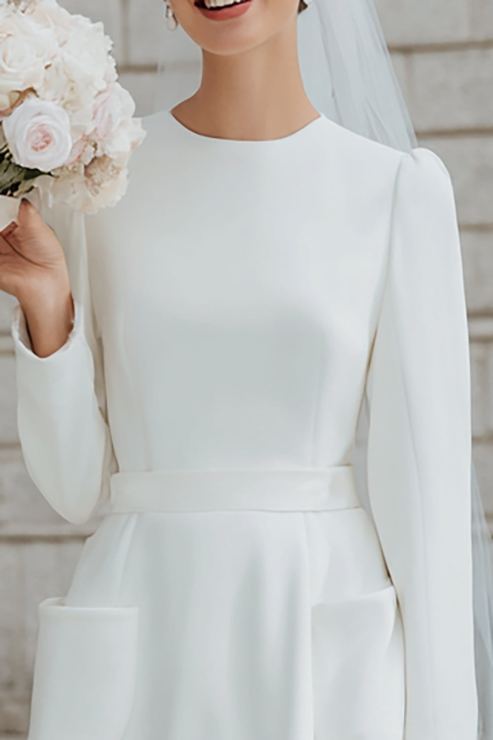 Ivory Crepe A Line Long Sleeves Midi Wedding Dress with Pockets
