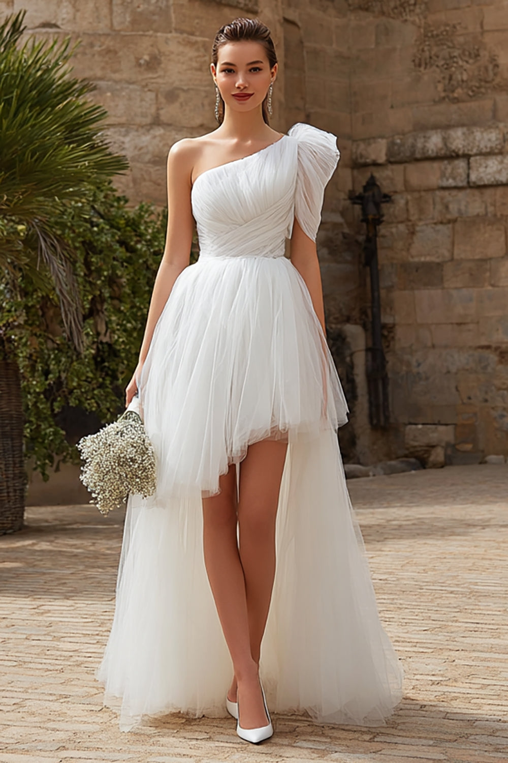 Ivory Tulle A Line One Shoulder High Low Wedding Dress