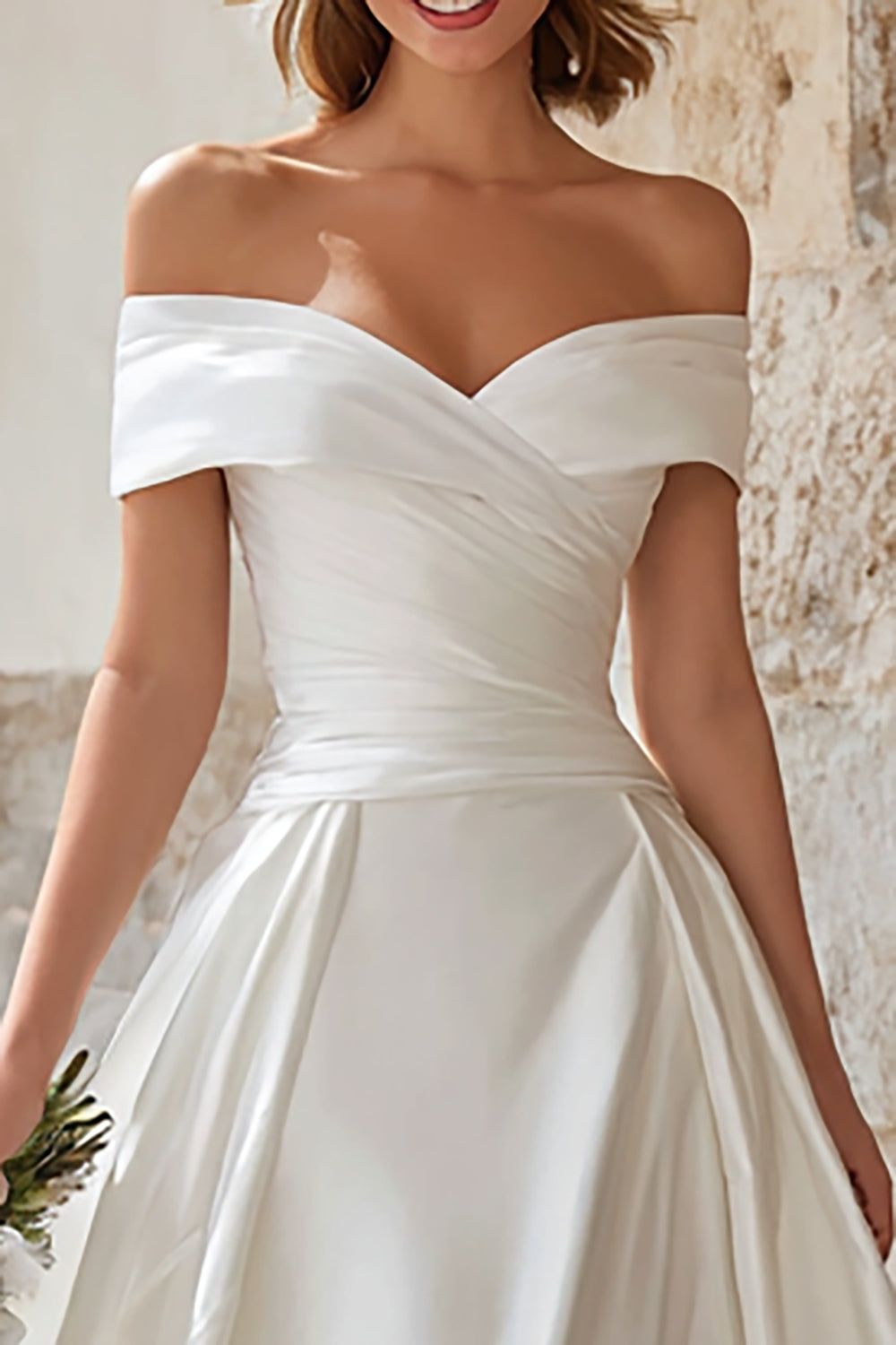 Elegant Ivory A Line Satin Sweep Train Wedding Dress