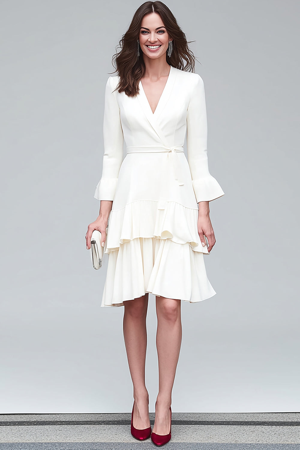 Ivory V-Neck Sheath Long Sleeves Midi Work Dress with Ruffles