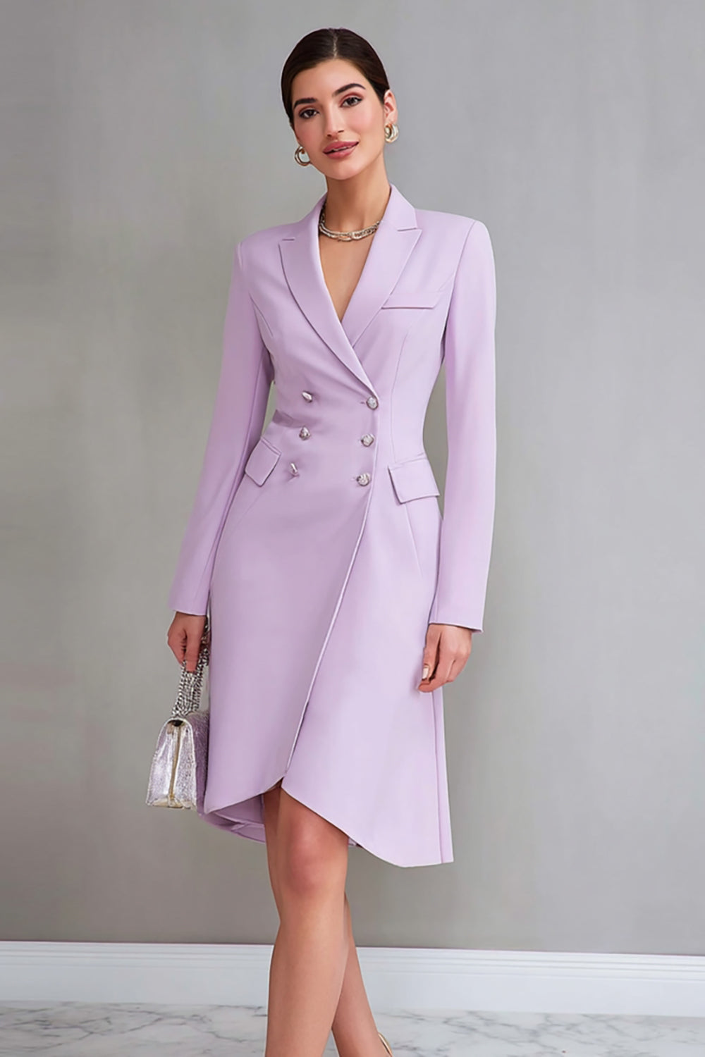 Lilac Satin Double Breasted Sheath Long Sleeves Midi Work Dress