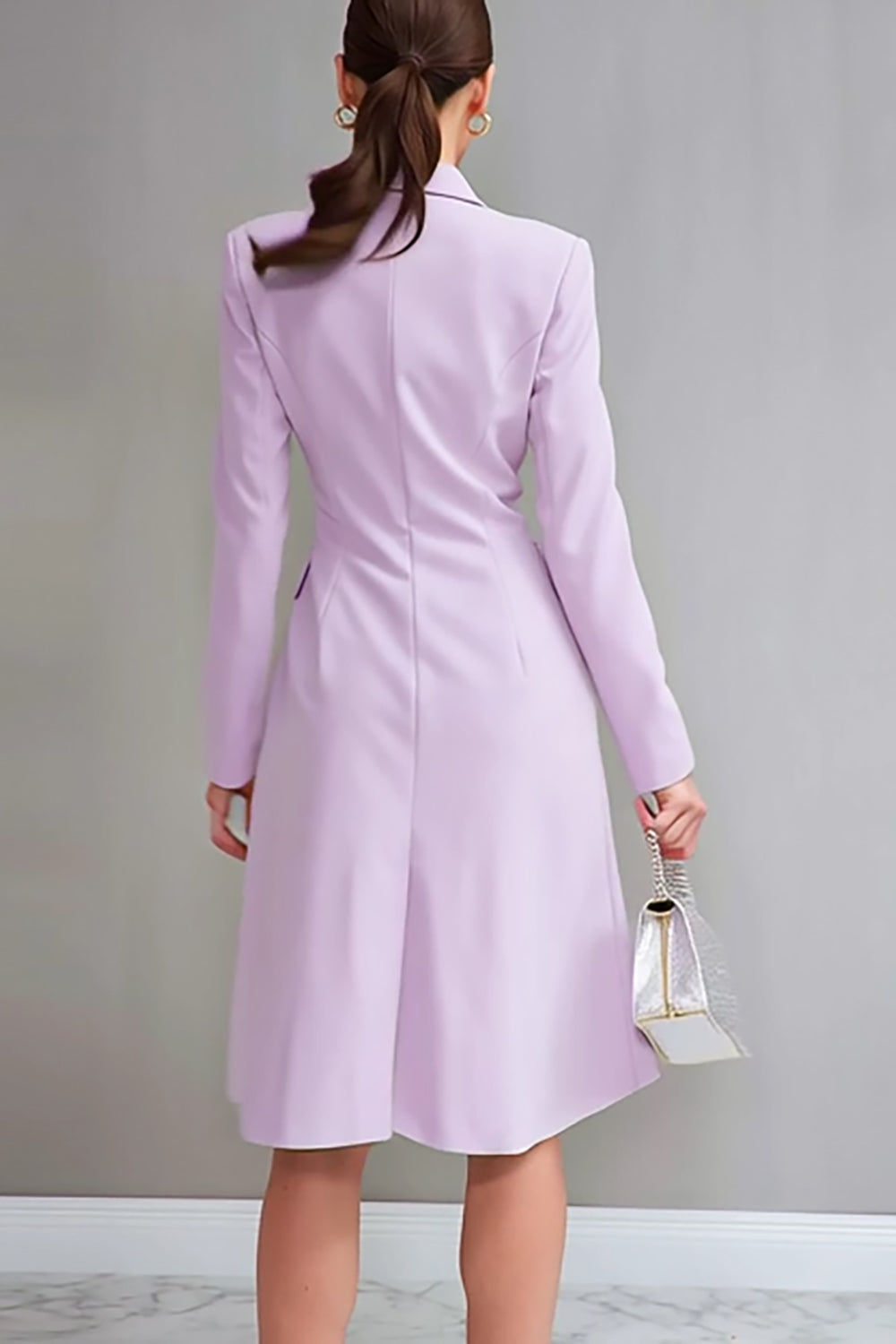 Lilac Satin Double Breasted Sheath Long Sleeves Midi Work Dress