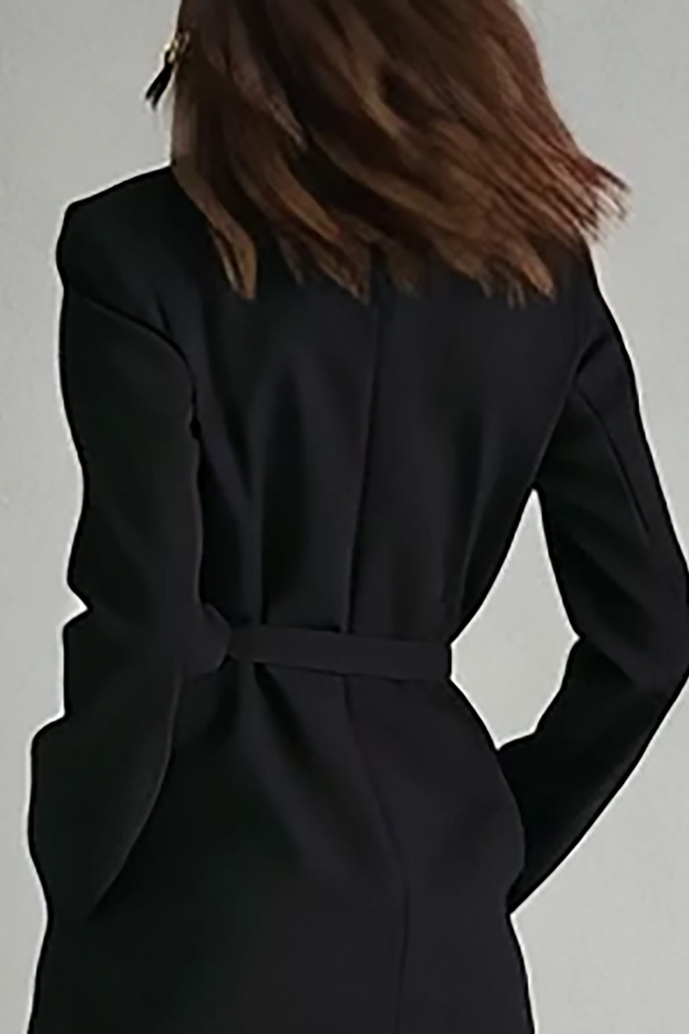 Black Satin Notched Lapel Buttons Long Sleeves Midi Work Dress with Belt