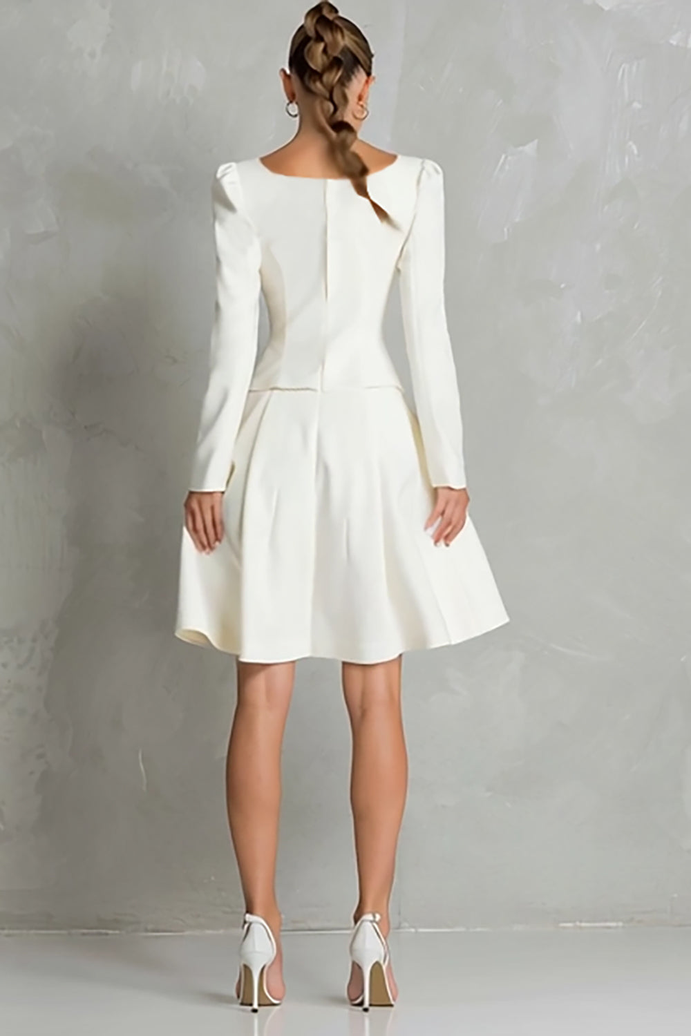 Ivory 2 Piece Square Neck Crepe Single Breasted Midi Work Dress with Sleeves