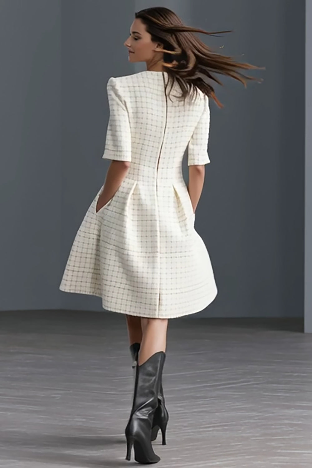 Ivory A Line Tweed Single Breasted Half Sleeves Midi Work Dress