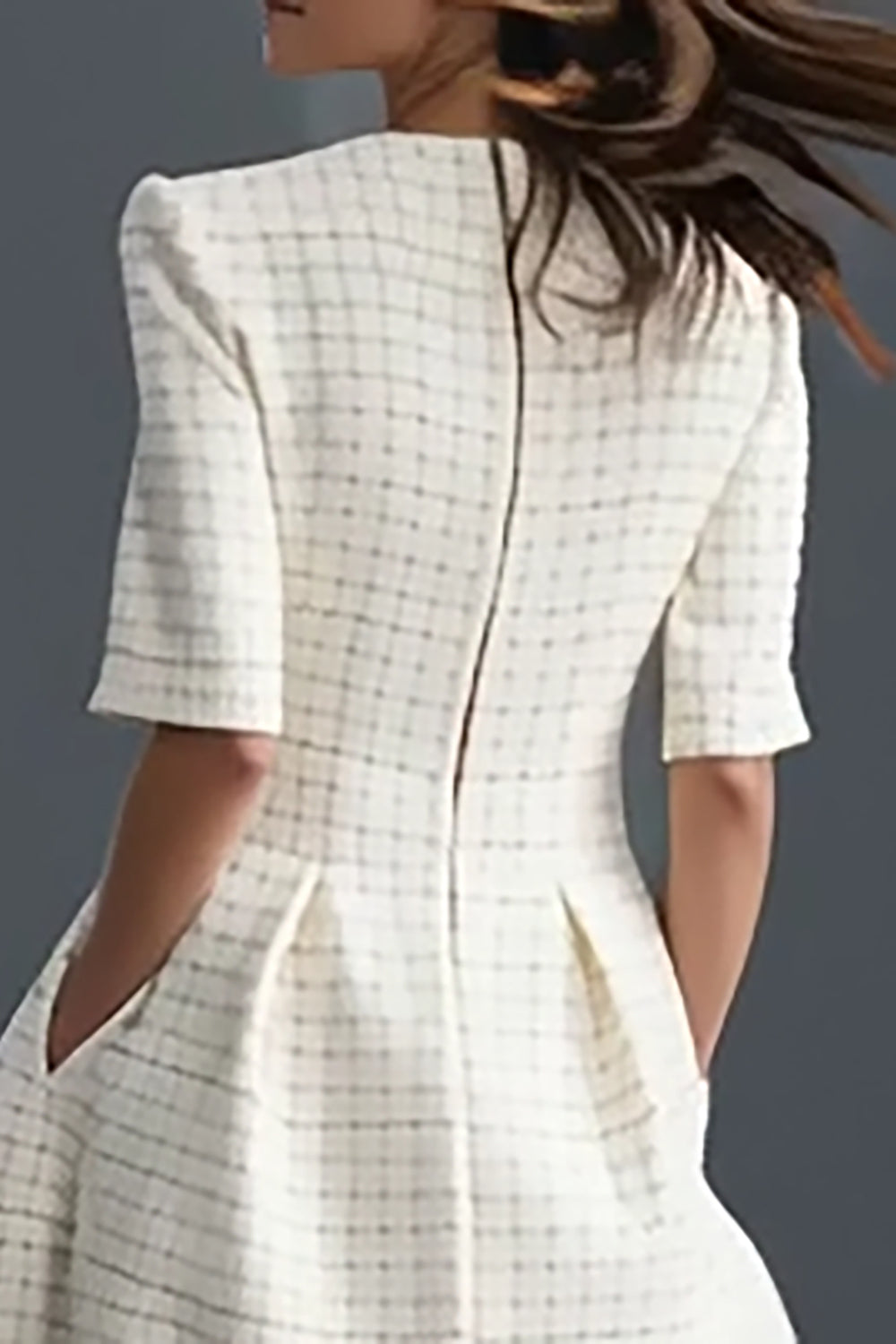 Ivory A Line Tweed Single Breasted Half Sleeves Midi Work Dress
