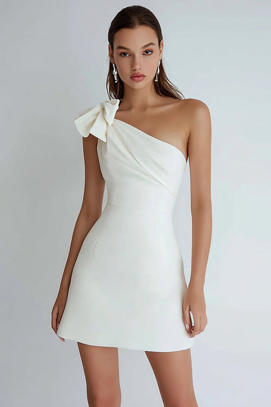 One Shoulder A Line Little White Dress with Bow