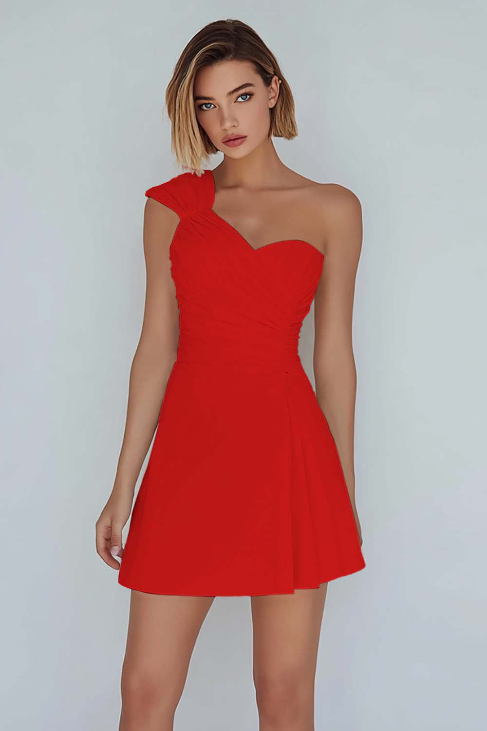 One Shoulder A Line Ruched Little White Dress